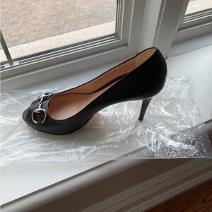 Gucci Black Leather Horsebit Peep Toe Pumps